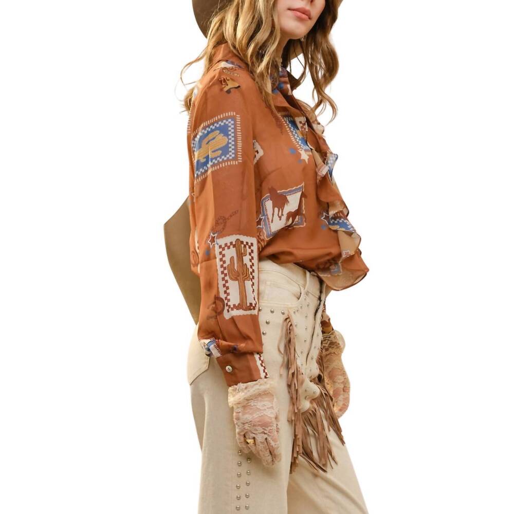 NEW BLUE B western print ruffle sheer blouse in brown - Picture 4 of 4